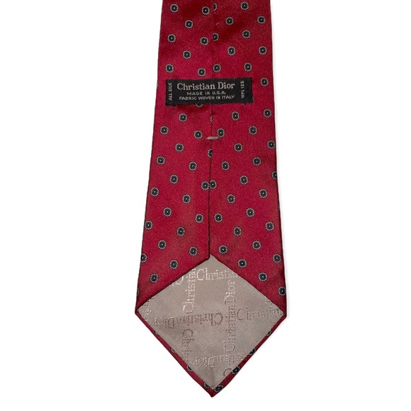 CHRISTIAN DIOR Necktie 100% Silk 56” Long Red Geometric Dots Classic - Picture 3 of 6